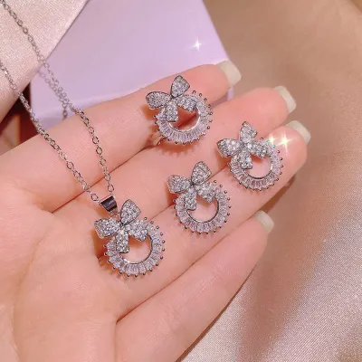 Shiny White Zircon Bow Shape Jewelry Set (4 pcs)